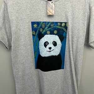 Hand crafted Gray T-shirt With My Original Panda with Bamboo Painting M NWT